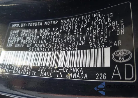 2013 Toyota Corolla Le from USA, damaged, VIN 2T1BU4EE1DC049924
